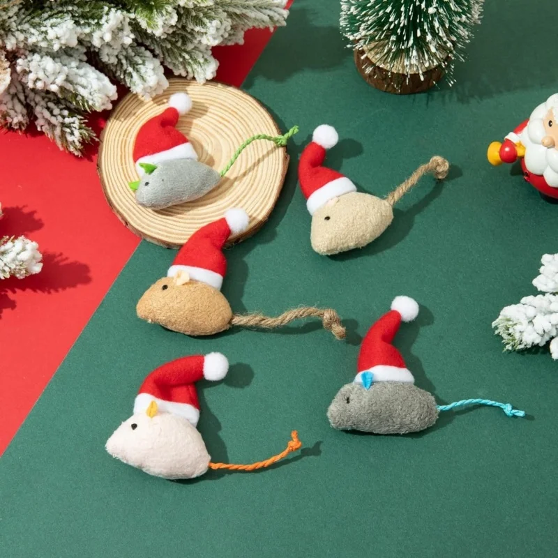Catnip Interactive Plush Mouse - クリスマス柄の帽子をかぶった、猫とネズミの形をした、猫が喜ぶおもちゃ。1～5個入り。小型犬種に最適で、室内での遊びに安全。プレゼントにも。